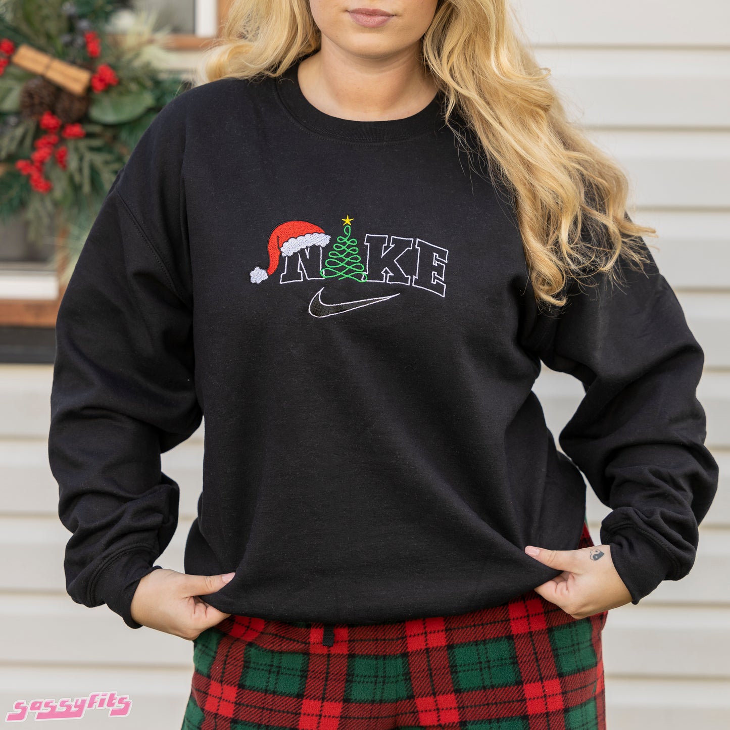 Christmas Tree & Santa Hat Embroidered Sweatshirt