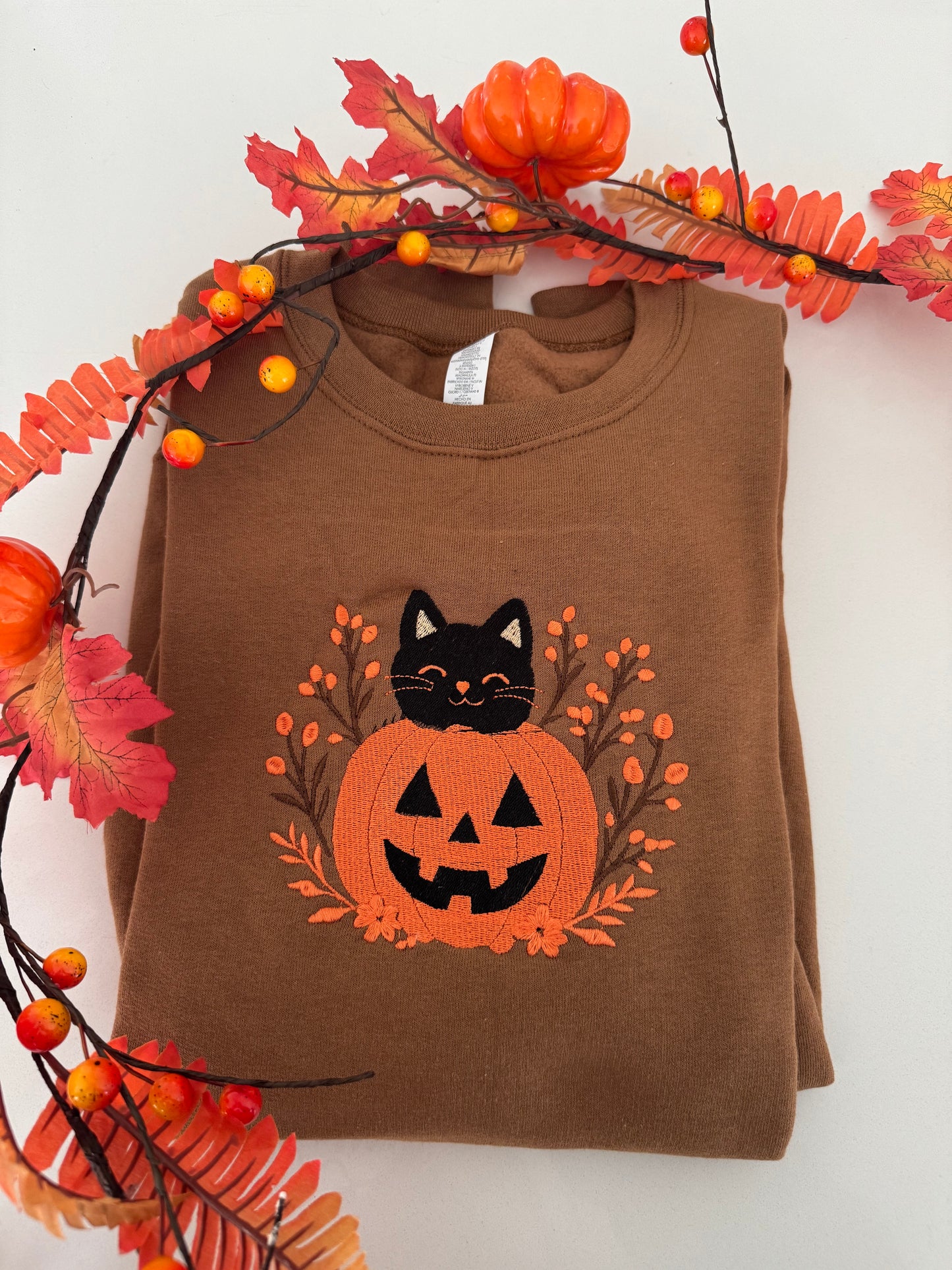 Black Cat Pumpkin Embroidered Halloween Sweater