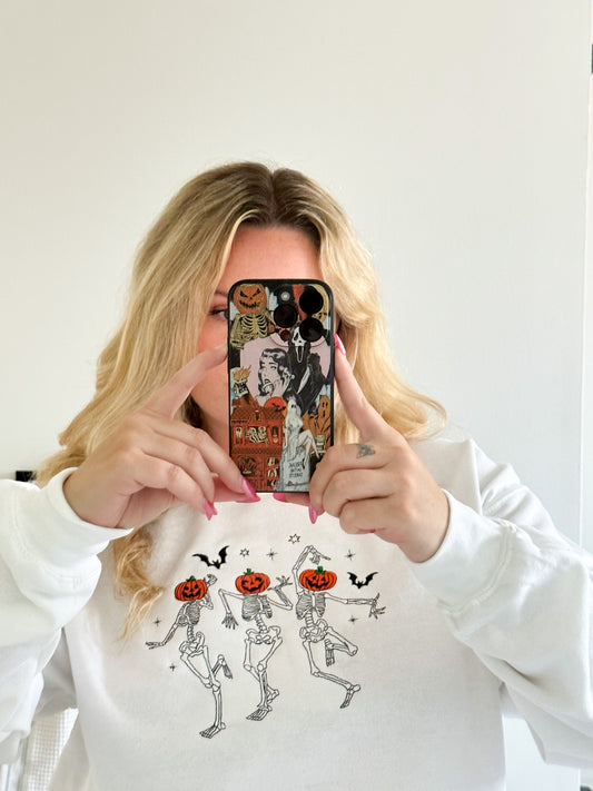 Dancing Pumpkin Skeletons Embroidered Sweatshirt