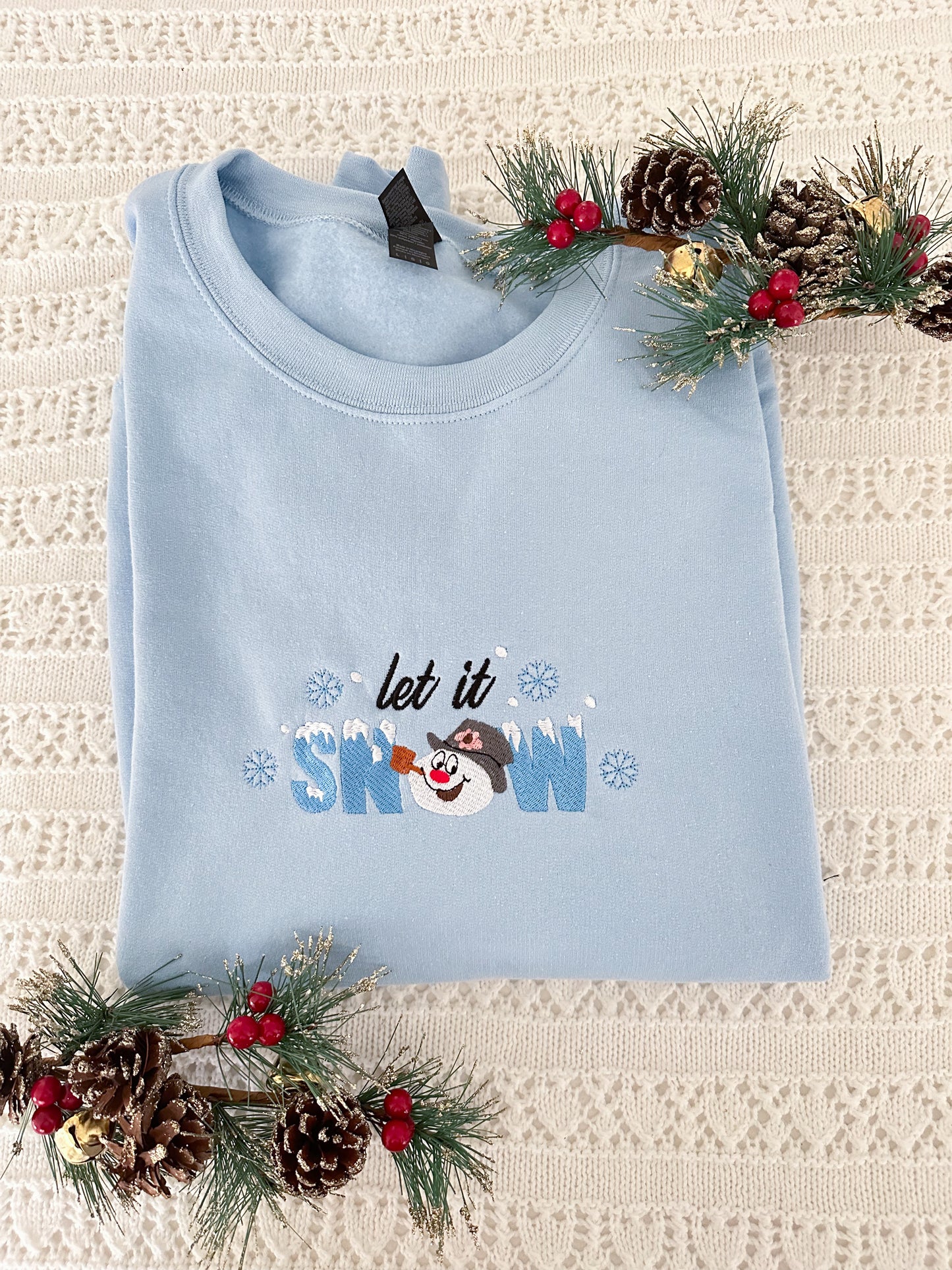 “Let It Snow” Embroidered Snowman Sweatshirt