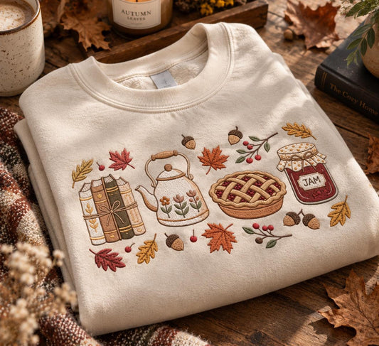 Embroidered Fall Sweatshirt, Books, Pie, Kettle, Cottagecore Crewneck