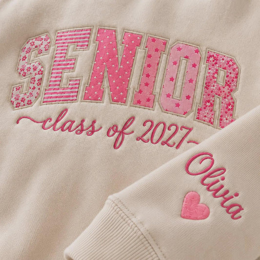 Personalized Senior 2027 Embroidered Crewneck, Custom Name Sleeve Gift