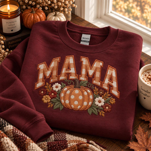 Embroidered Mama Pumpkin Sweatshirt, Gingham Fall Mom Crewneck, Thanksgiving Gift