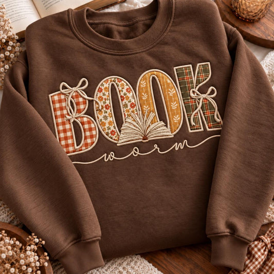 Embroidered Bookworm Sweatshirt, Fall Applique Crewneck, Cottagecore Reader Gift