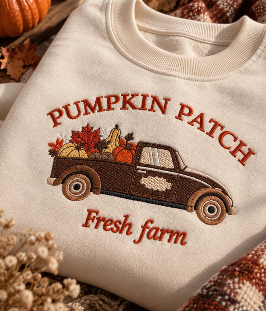 Embroidered Pumpkin Truck Sweatshirt, Fall Farm Crewneck, Autumn Cotton Blend