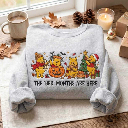 Pooh Bear Ber Months Embroidered Sweatshirt, Halloween Thanksgiving Christmas Crewneck, Winnie the Pooh Fall Holiday Season Gift