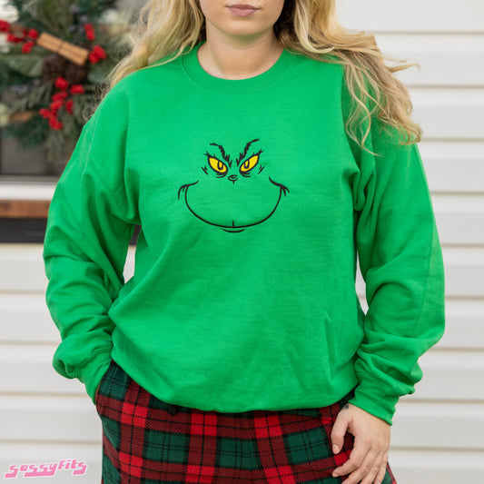 Grinch Face Embroidered Green Crewneck