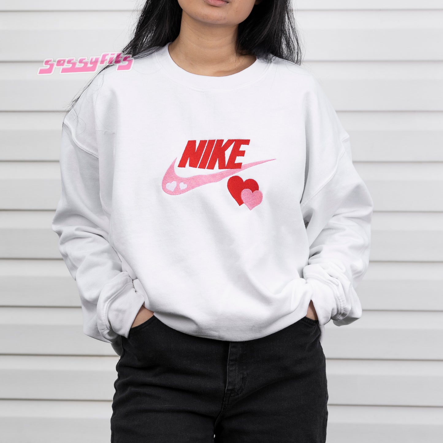 Embroidered Heart Swoosh Crewneck / Hoodie – Valentine’s Edition
