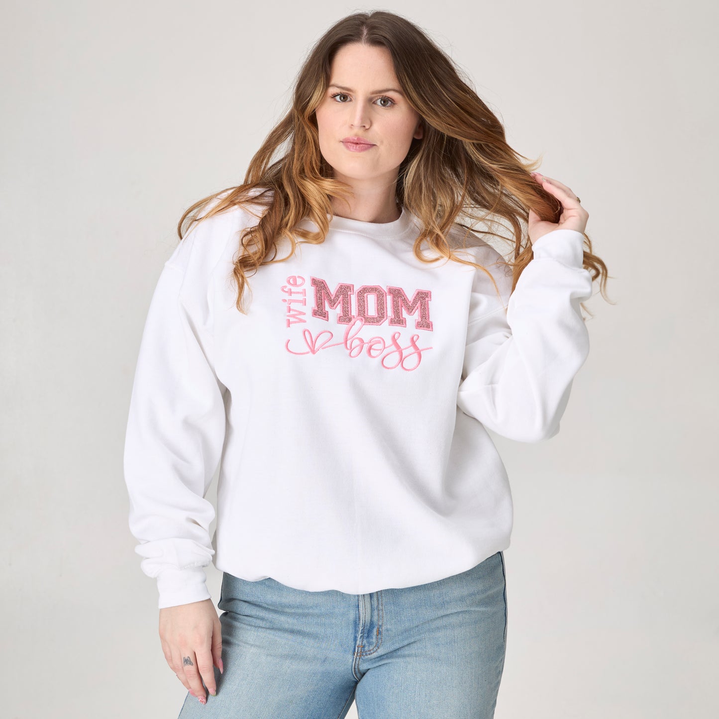 Wife Mom Boss Glitter Embroidered Sweatshirt