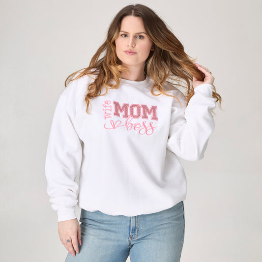 Wife Mom Boss Glitter Embroidered Sweatshirt