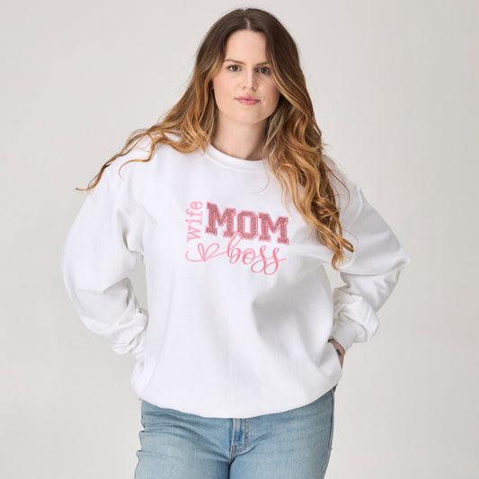 Wife Mom Boss Glitter Embroidered Sweatshirt