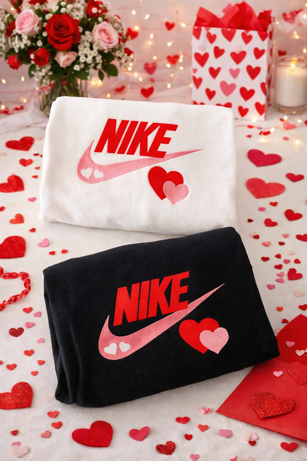 Embroidered Heart Swoosh Crewneck / Hoodie – Valentine’s Edition