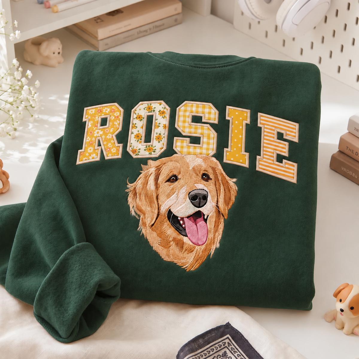 Custom Embroidered Pet Portrait Sweatshirt, Personalized Dog Cat Name Crewneck (65% Cotton Blend)