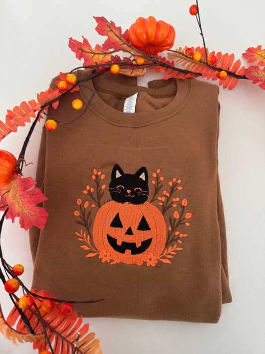 Black Cat Pumpkin Embroidered Halloween Sweater