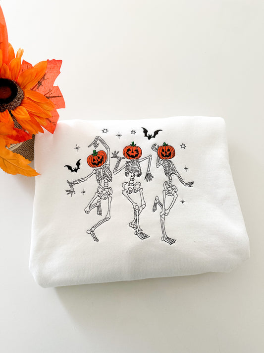 Dancing Pumpkin Skeletons Embroidered Sweatshirt