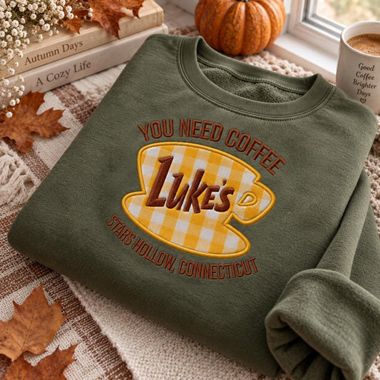 Luke’s Diner Applique Gingham Mock Neck Sweatshirt, Stars Hollow Embroidered Crewneck, Inspired Cozy Fan Gift