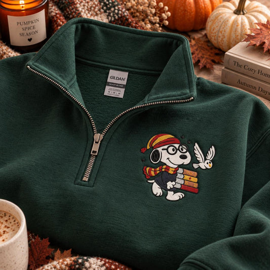 Embroidered Dog Quarter Zip Sweatshirt, Fall Book Lover Pullover, Cozy Reader Gift, Autumn Embroidery