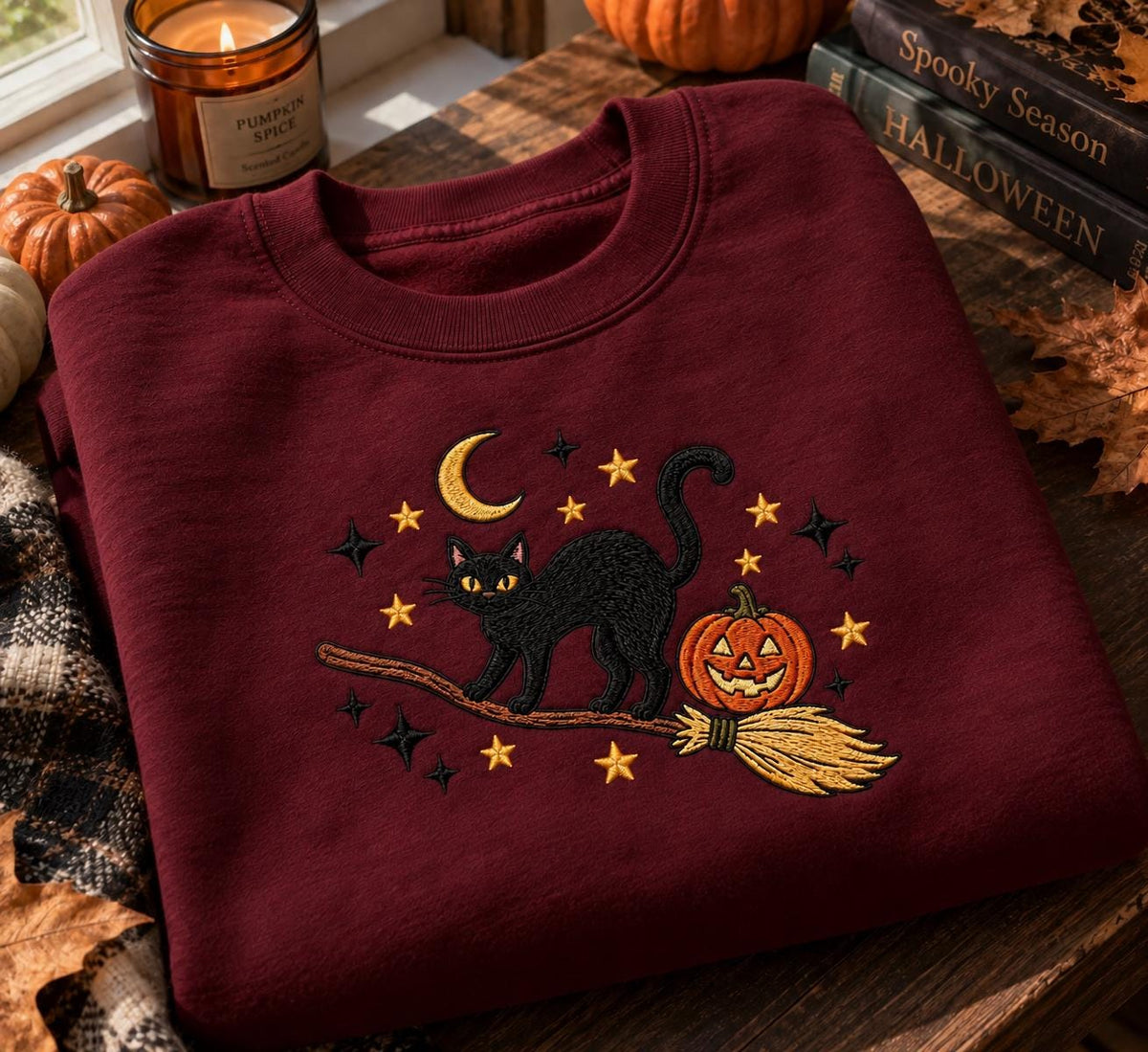 Embroidered Black Cat Halloween Sweatshirt, Witchy Pumpkin Broom Crewneck (65% Cotton)