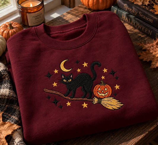 Embroidered Black Cat Halloween Sweatshirt, Witchy Pumpkin Broom Crewneck (65% Cotton)