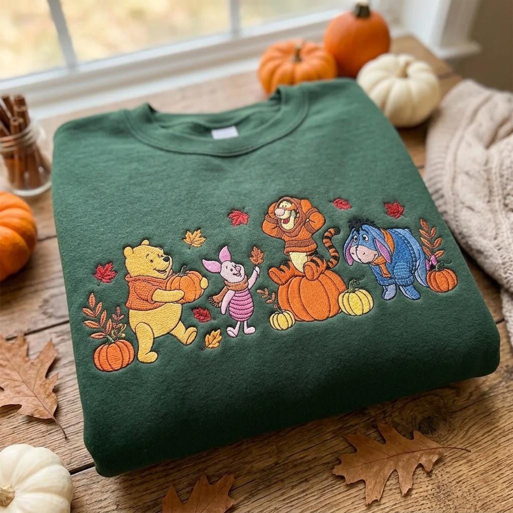 Embroidered Fall Bear Crewneck Sweatshirt, Pumpkin Friends, Cozy Cotton Blend