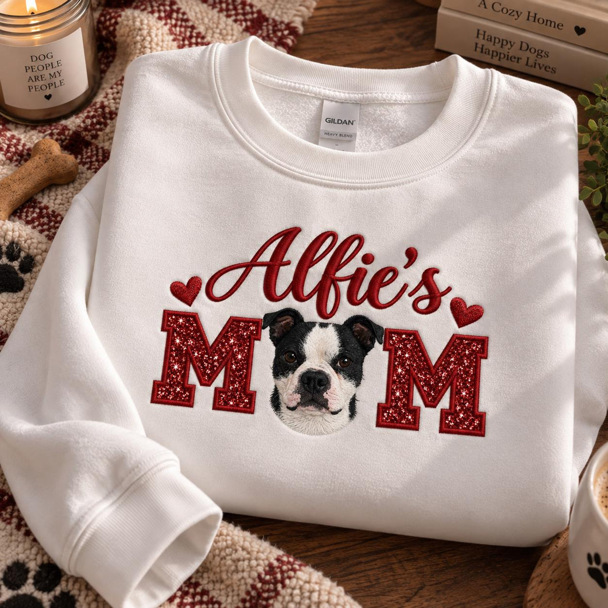 Custom Dog Mom Sweatshirt, Embroidered Pet Portrait, Glitter Applique Crewneck