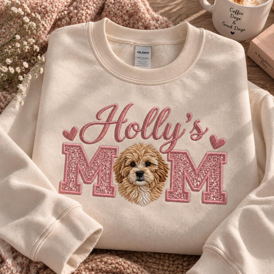 Custom Dog Mom Sweatshirt, Embroidered Pet Portrait, Glitter Applique Crewneck