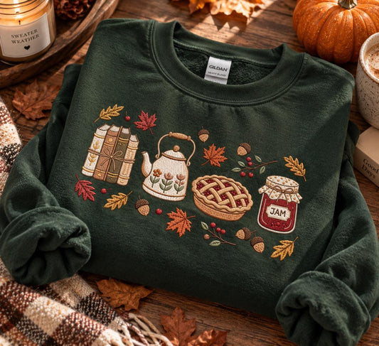 Embroidered Fall Sweatshirt, Books, Pie, Kettle, Cottagecore Crewneck