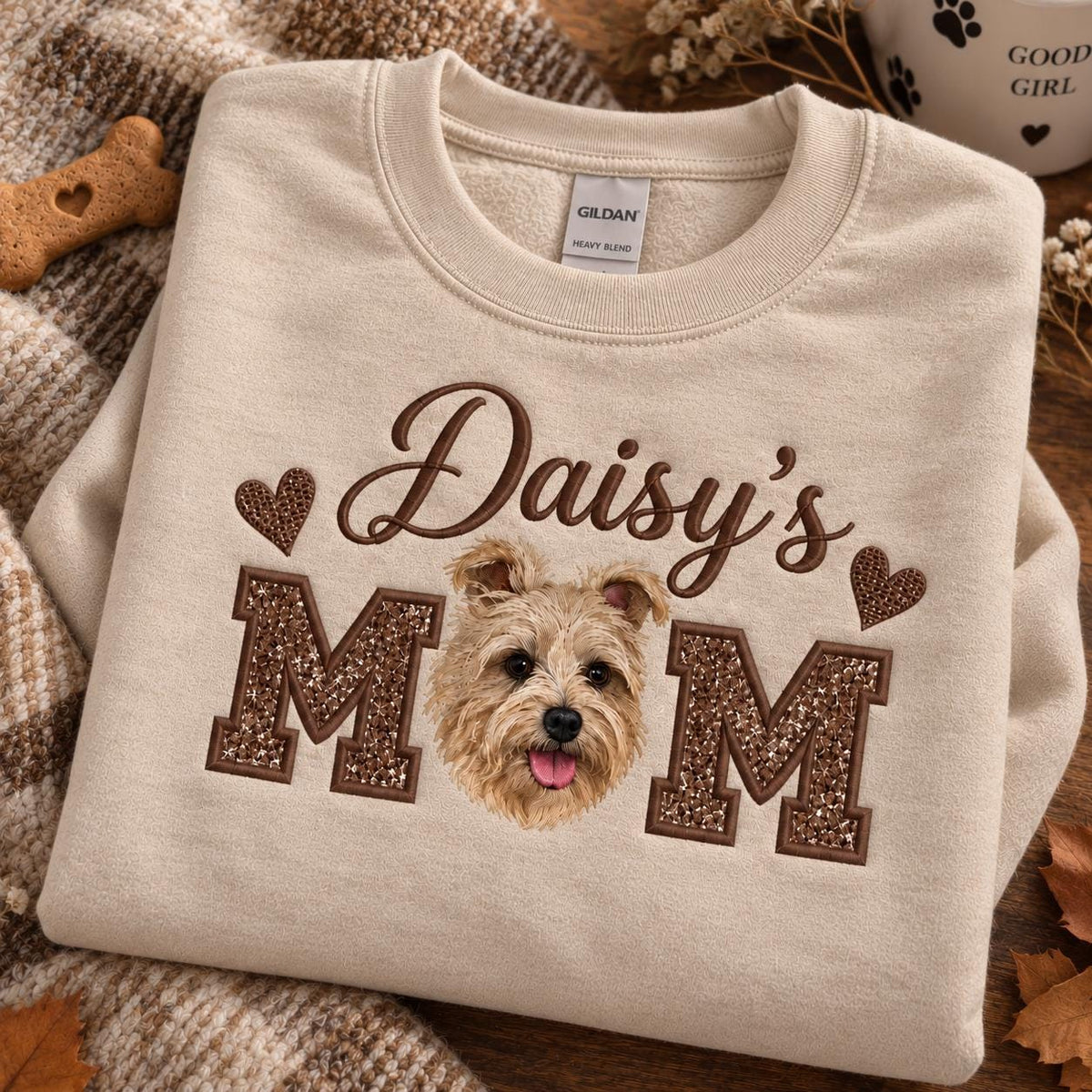 Custom Dog Mom Sweatshirt, Embroidered Pet Portrait, Glitter Applique Crewneck