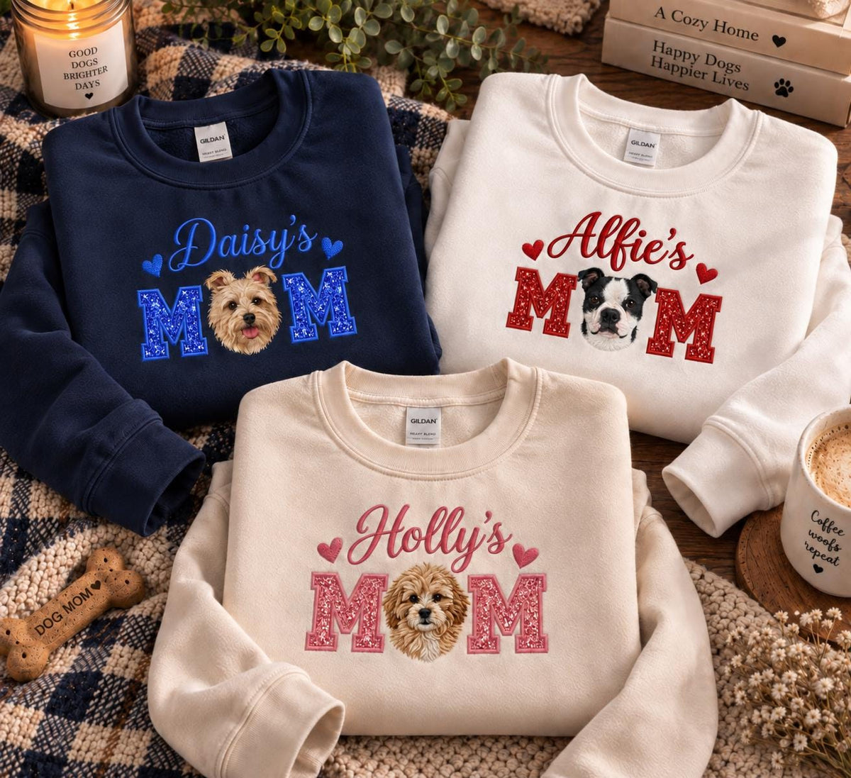 Custom Dog Mom Sweatshirt, Embroidered Pet Portrait, Glitter Applique Crewneck