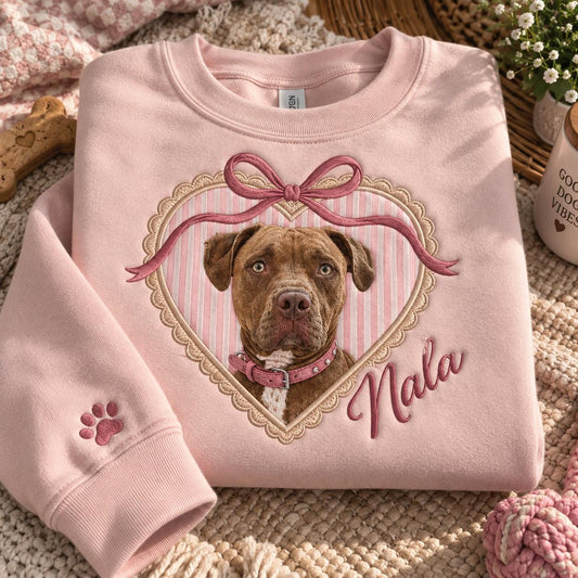 Custom Embroidered Pet Portrait Sweatshirt, Cottagecore Applique Crewneck (65% Cotton)