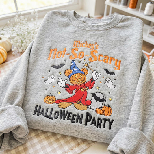 Not-So-Scary Halloween Embroidered Sweatshirt, Pumpkin Mouse Character Crewneck, Halloween Theme Park Shirt