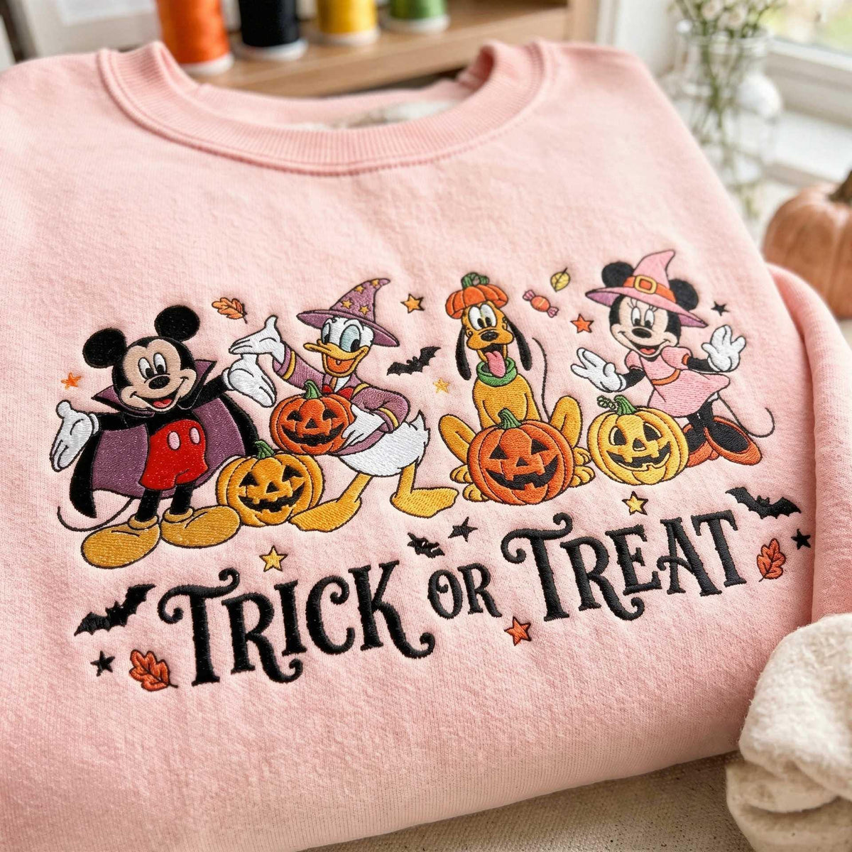 Embroidered Halloween Character Sweatshirt, Spooky Season Crewneck (65% Cotton)