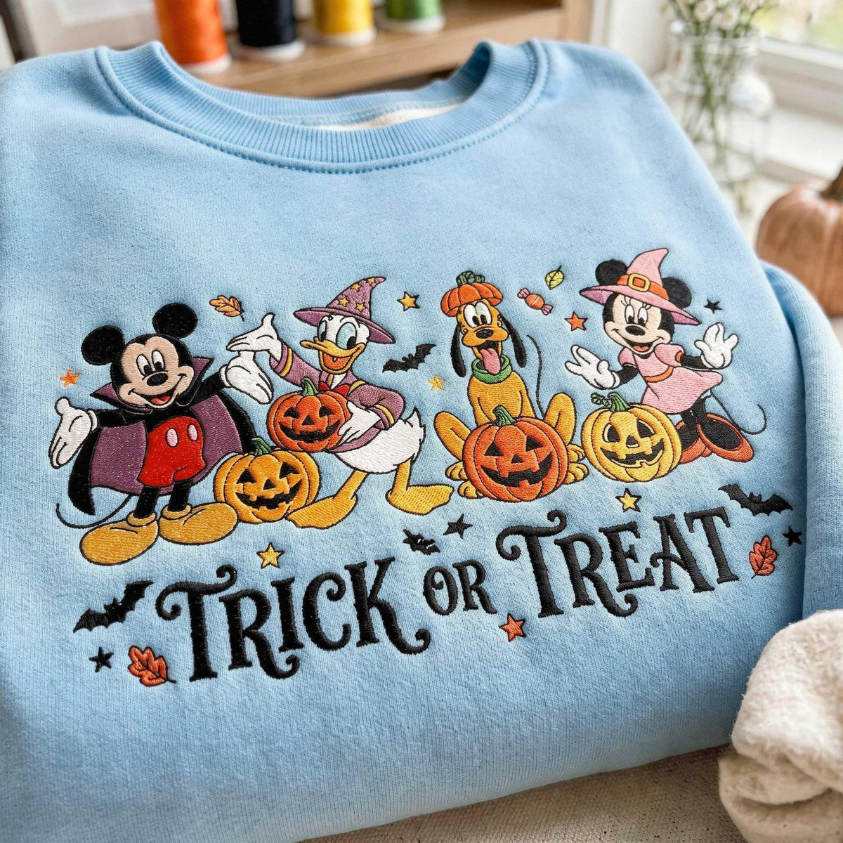 Embroidered Halloween Character Sweatshirt, Spooky Season Crewneck (65% Cotton)