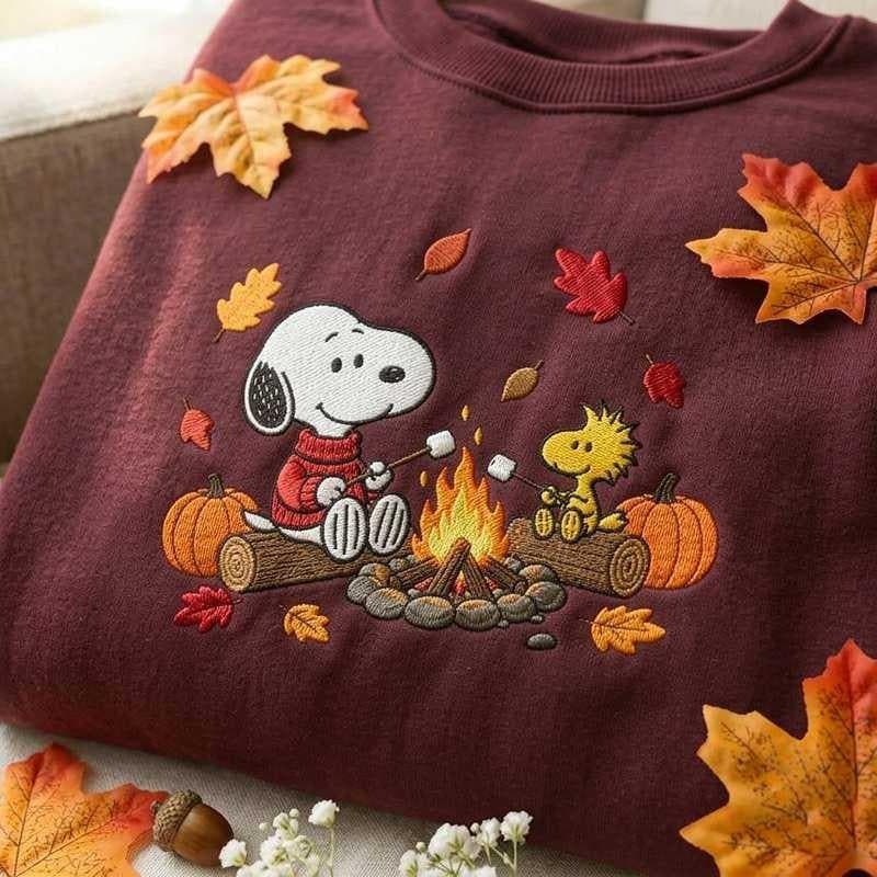 Embroidered Fall Campfire Sweatshirt, Autumn Leaves, Pumpkin Camping Crewneck
