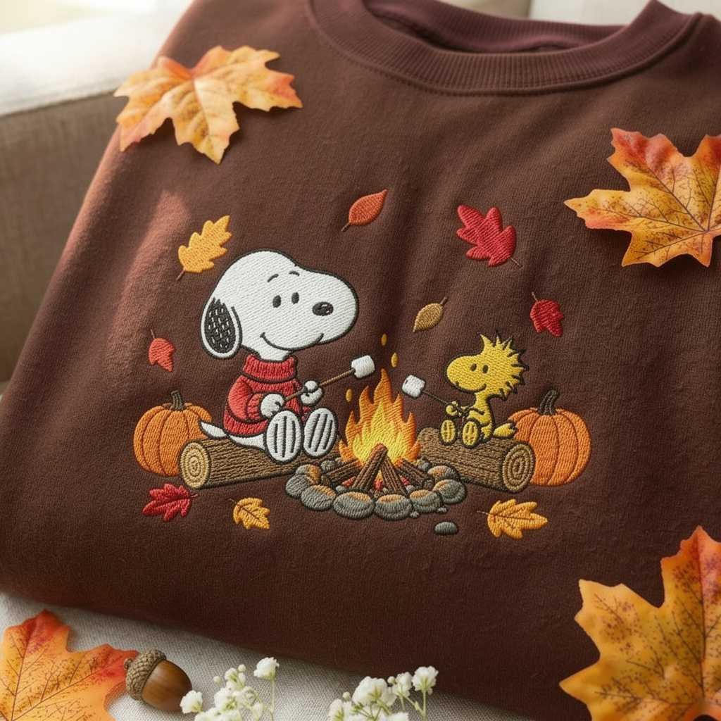 Embroidered Fall Campfire Sweatshirt, Autumn Leaves, Pumpkin Camping Crewneck