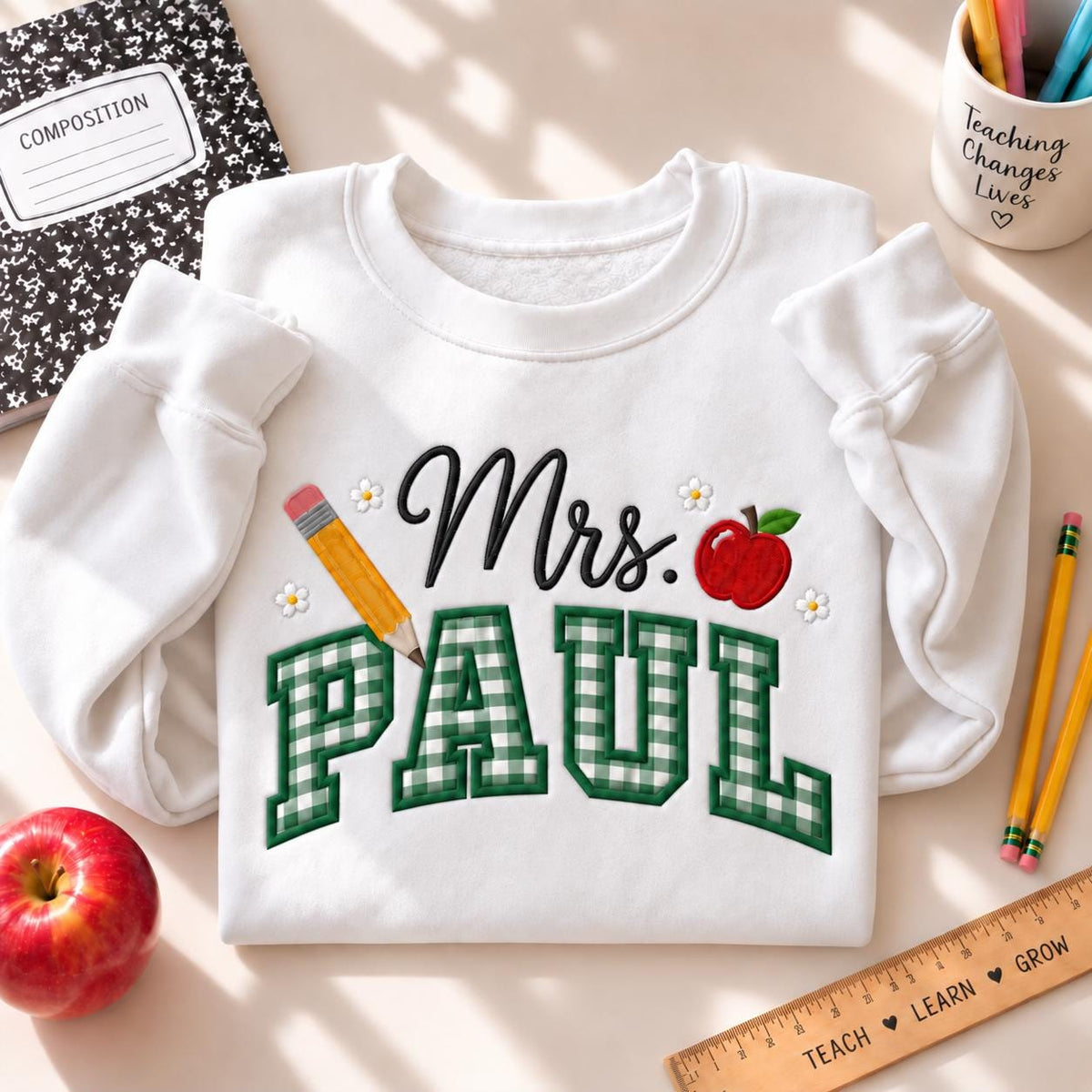 Personalized Teacher Embroidered Sweatshirt, Gingham Appliqué Crewneck (65% Cotton)