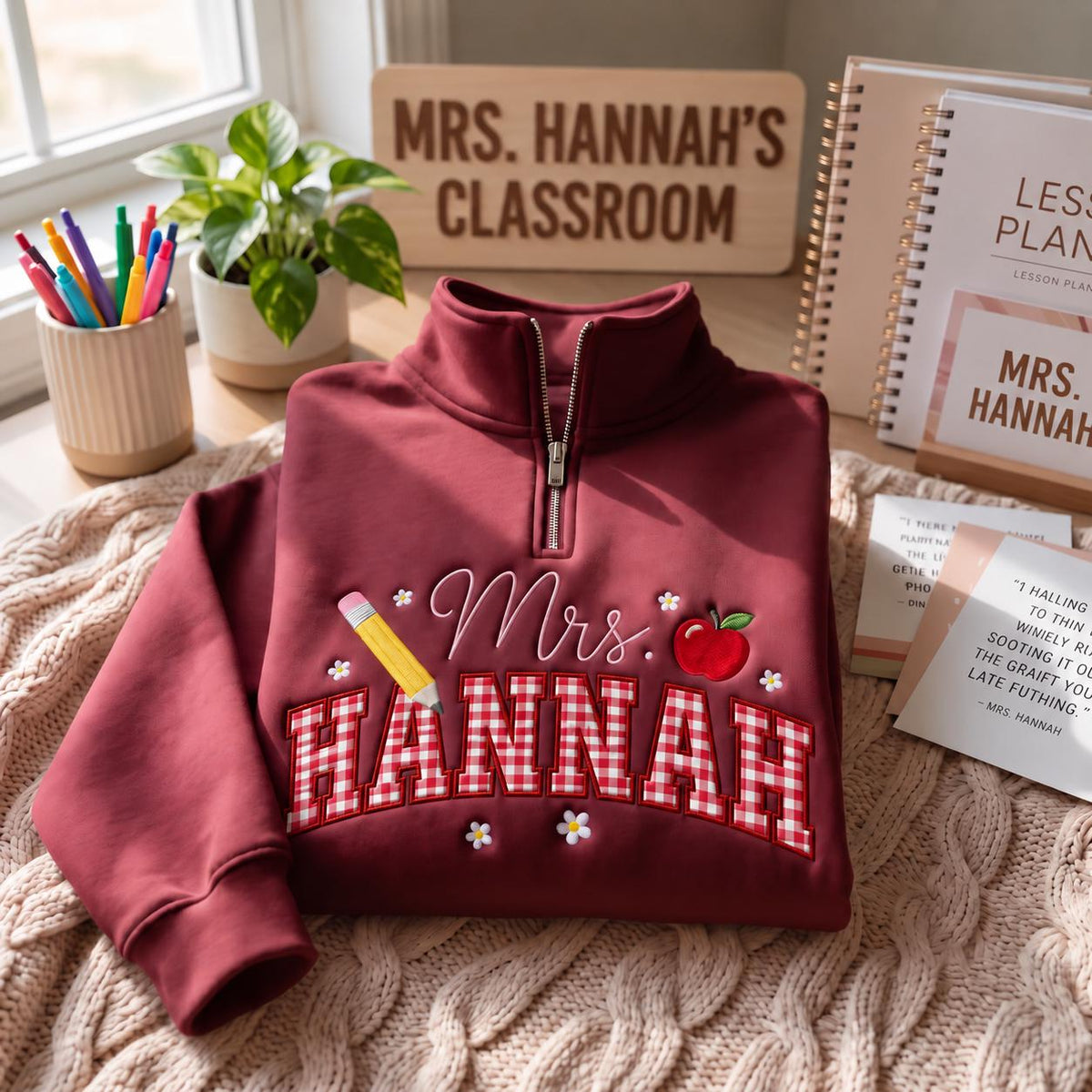 Personalized Teacher Embroidered Sweatshirt, Gingham Appliqué Crewneck (65% Cotton)