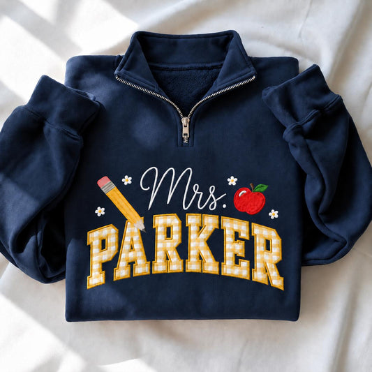Personalized Teacher Embroidered Sweatshirt, Gingham Appliqué Crewneck (65% Cotton)