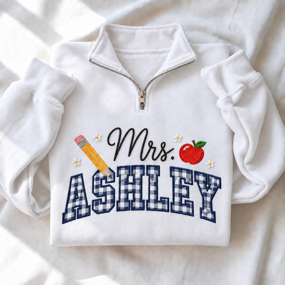 Personalized Teacher Embroidered Sweatshirt, Gingham Appliqué Crewneck (65% Cotton)