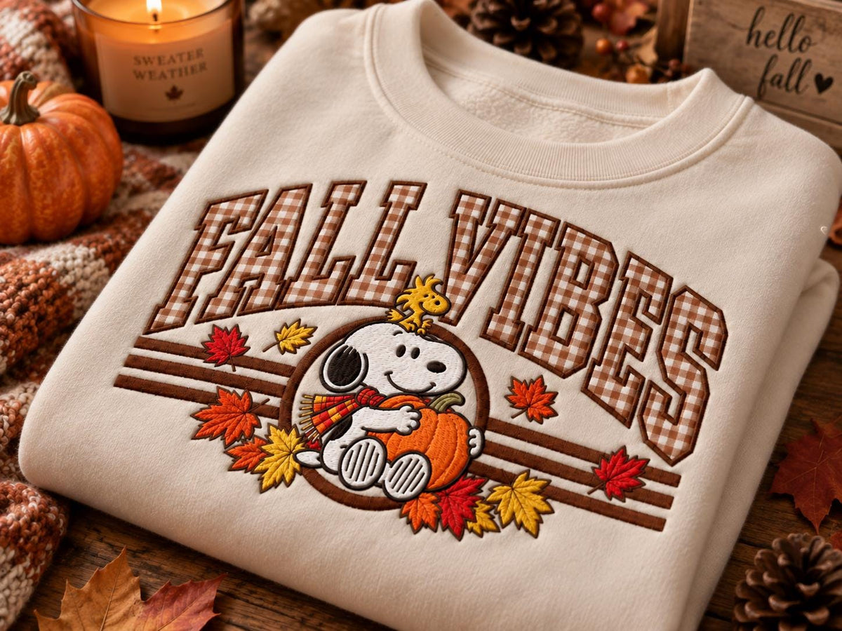 Fall Vibes Embroidered Sweatshirt, Brown Gingham Appliqué, Cozy Fall Crewneck