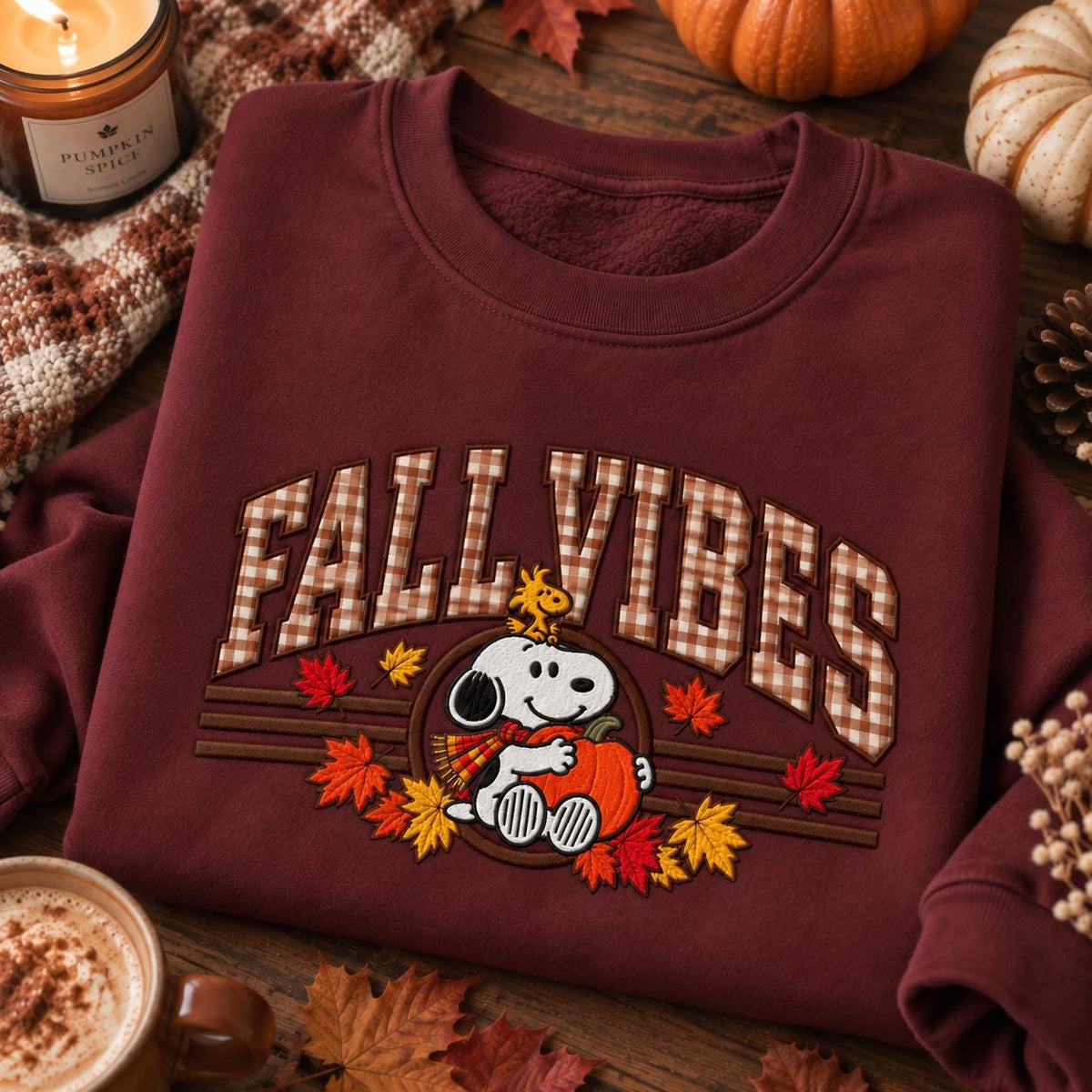Fall Vibes Embroidered Sweatshirt, Brown Gingham Appliqué, Cozy Fall Crewneck