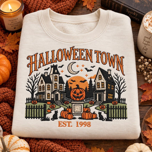 Embroidered Halloween Town Sweatshirt, Spooky Fall Crewneck, Pumpkin Haunted House (65% Cotton)
