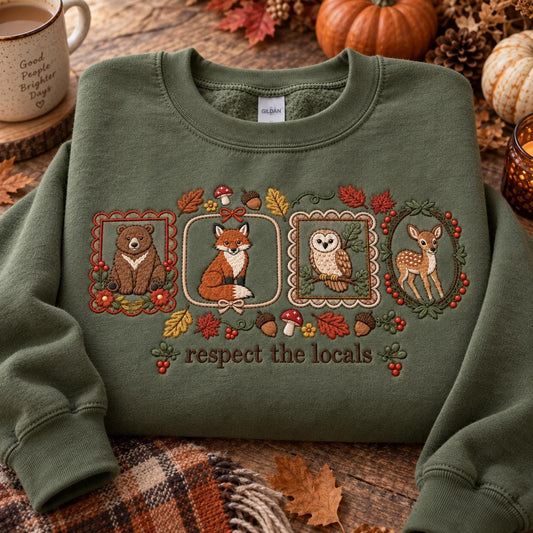 Embroidered Woodland Animal Crewneck Sweatshirt, Bear Fox Owl Deer, Fall Nature Gift