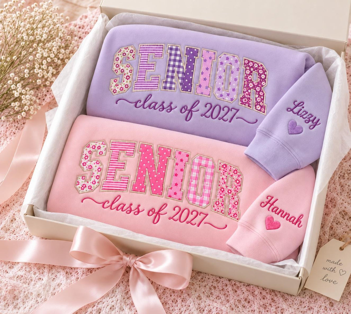 Personalized Senior 2027 Embroidered Crewneck, Custom Name Sleeve Gift