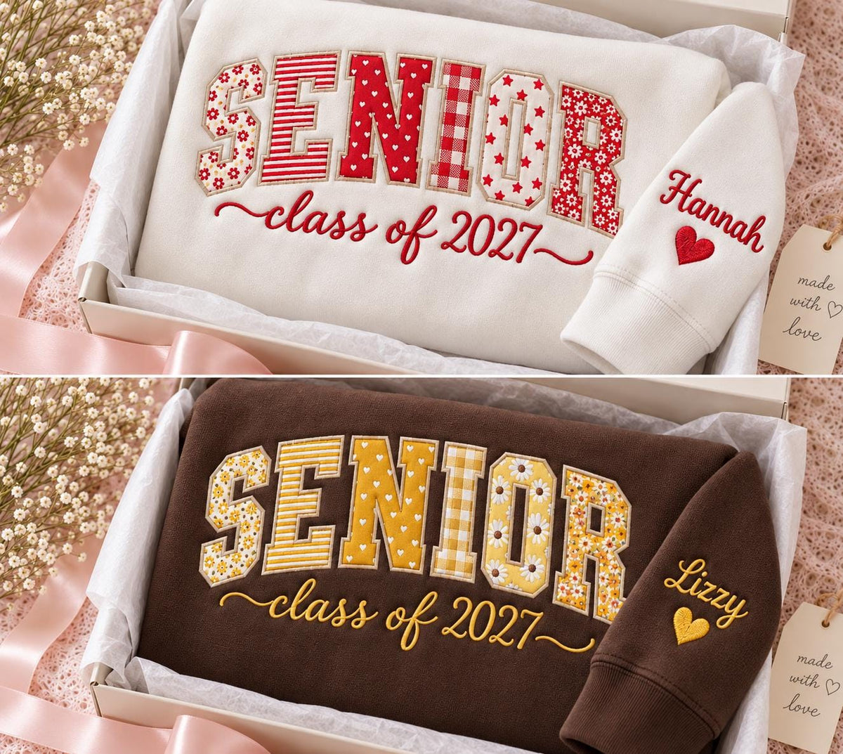 Personalized Senior 2027 Embroidered Crewneck, Custom Name Sleeve Gift