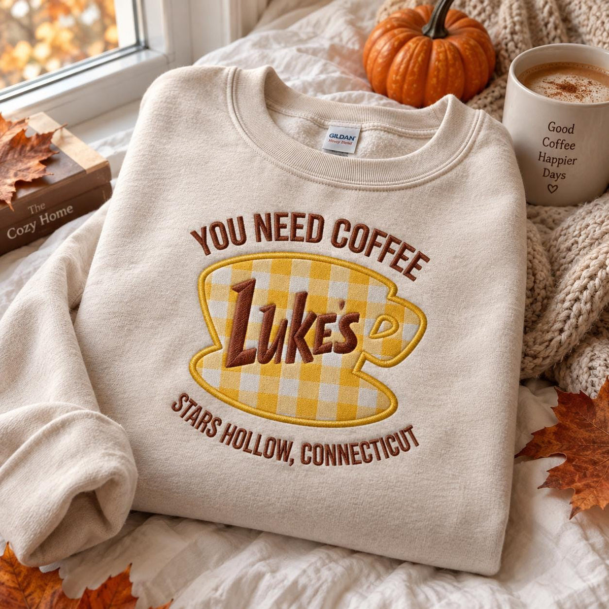 Luke’s Diner Applique Gingham Mock Neck Sweatshirt, Stars Hollow Embroidered Crewneck, Inspired Cozy Fan Gift