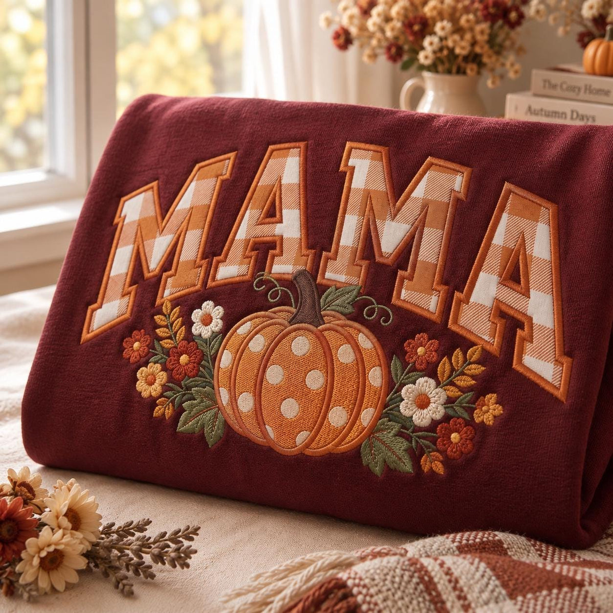 Embroidered Mama Pumpkin Sweatshirt, Gingham Fall Mom Crewneck, Thanksgiving Gift