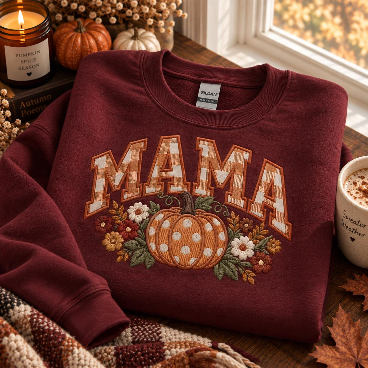 Embroidered Mama Pumpkin Sweatshirt, Gingham Fall Mom Crewneck, Thanksgiving Gift