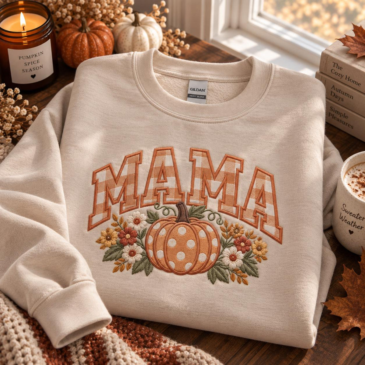 Embroidered Mama Pumpkin Sweatshirt, Gingham Fall Mom Crewneck, Thanksgiving Gift