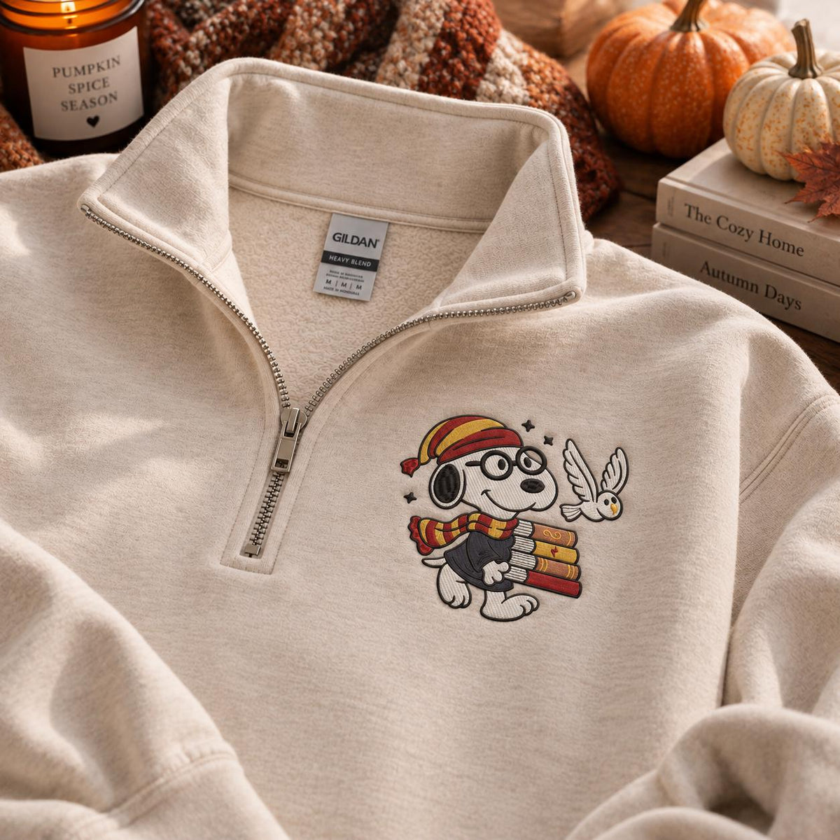 Embroidered Dog Quarter Zip Sweatshirt, Fall Book Lover Pullover, Cozy Reader Gift, Autumn Embroidery